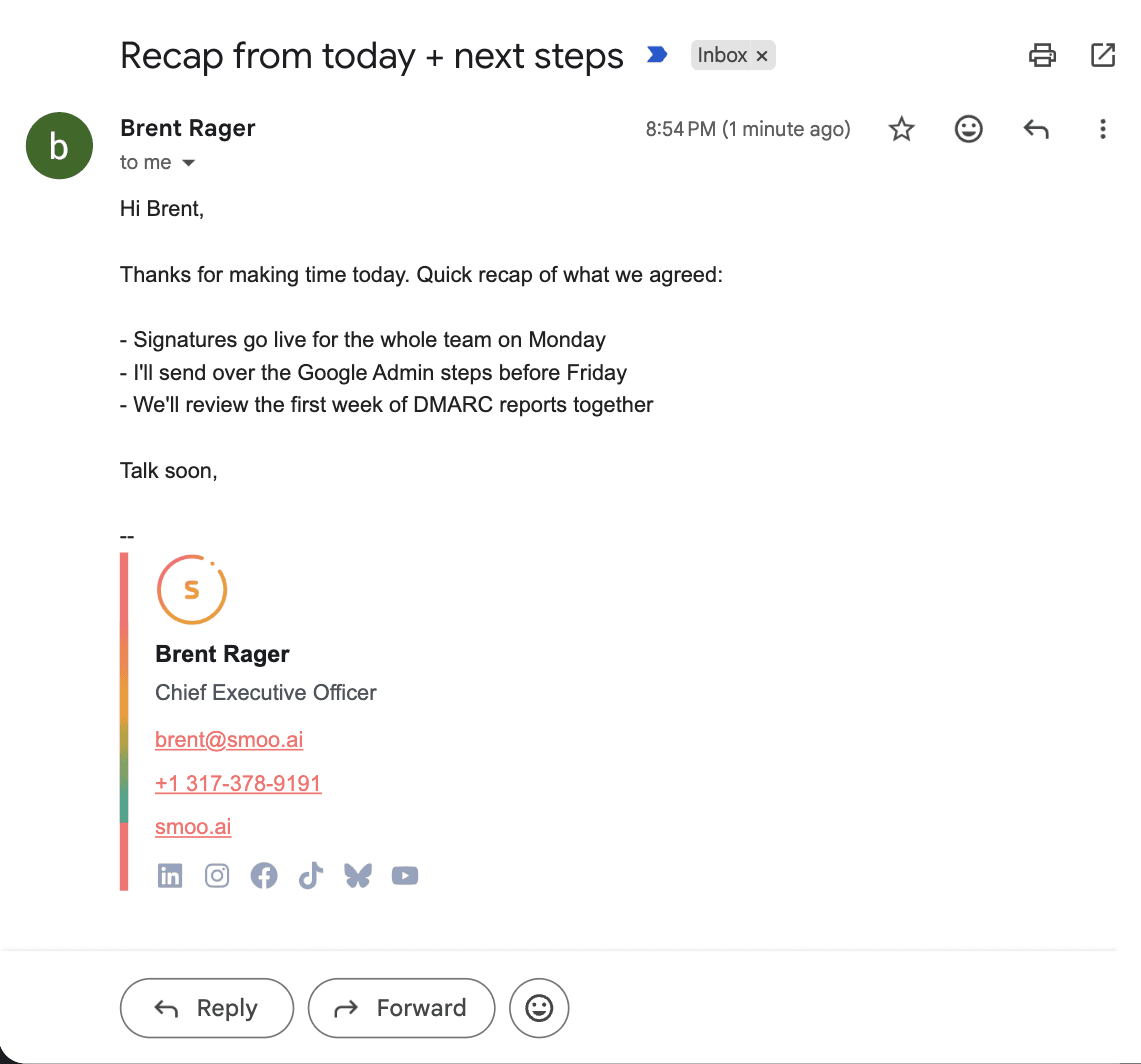 A delivered email carrying the smoo.ai signature Smoo added in transit