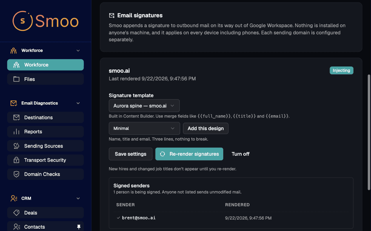 The Signatures screen in Smoo Workforce: domain status, design, and who is being signed