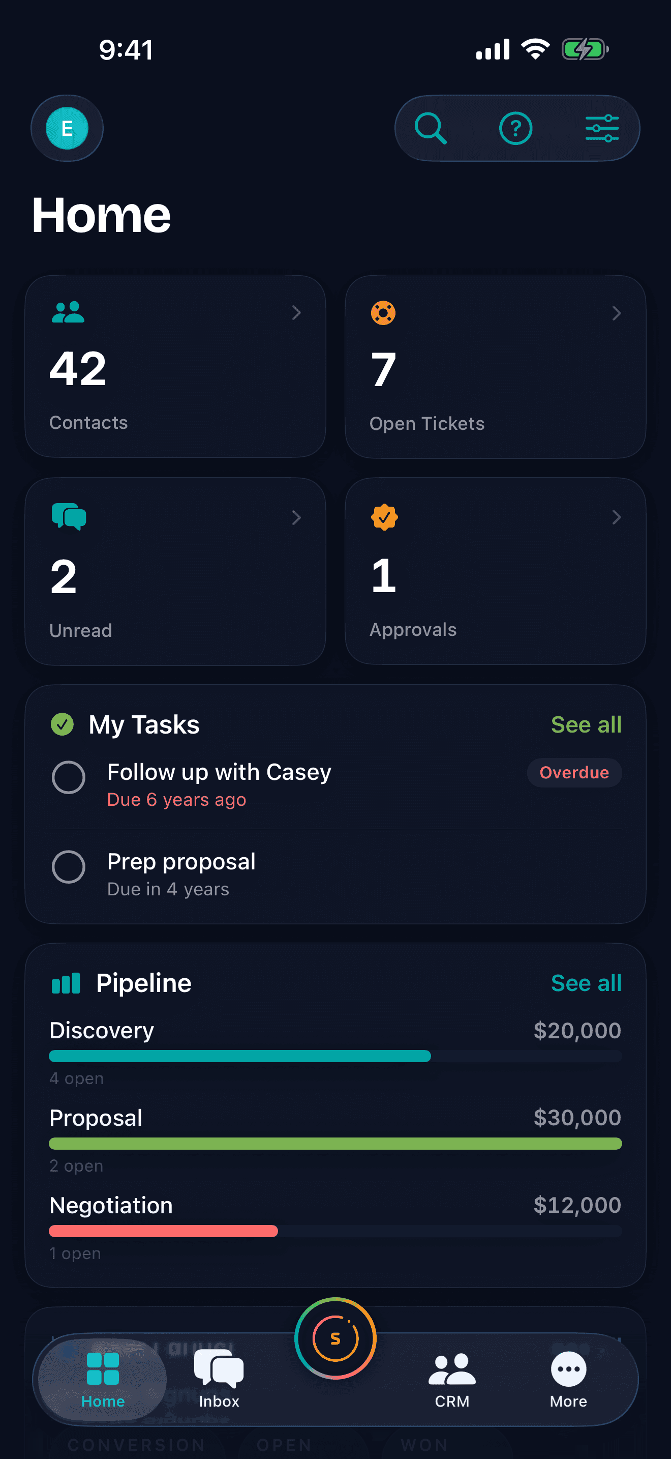 The top of the Smoo AI app's Home tab on an iPhone: stat tiles showing contacts, open tickets, unread conversations and pending approvals.
