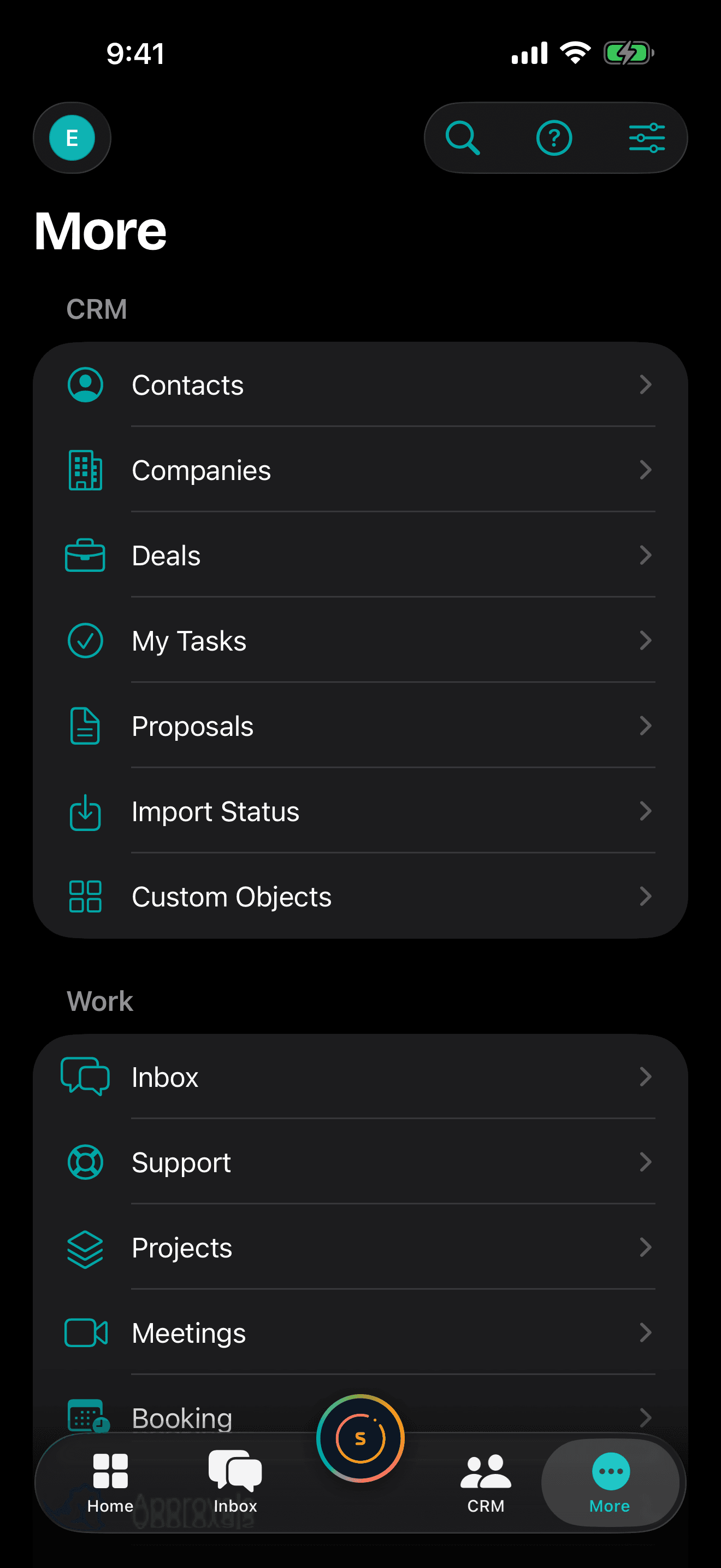 The app's More tab: a sectioned directory mirroring the web sidebar — a CRM group with Contacts, Companies, Deals, My Tasks, Proposals, Import Status and Custom Objects, then a Work group with Inbox, Support, Projects, Meetings and Booking.