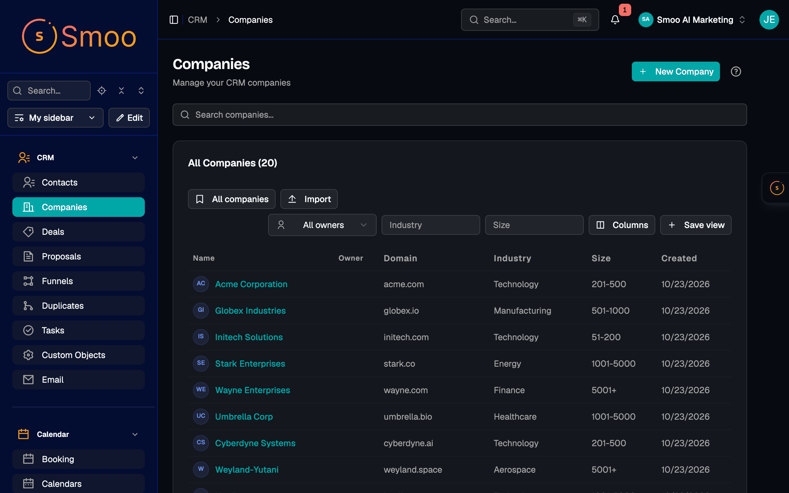 The Companies list: domain, industry and size for every account.