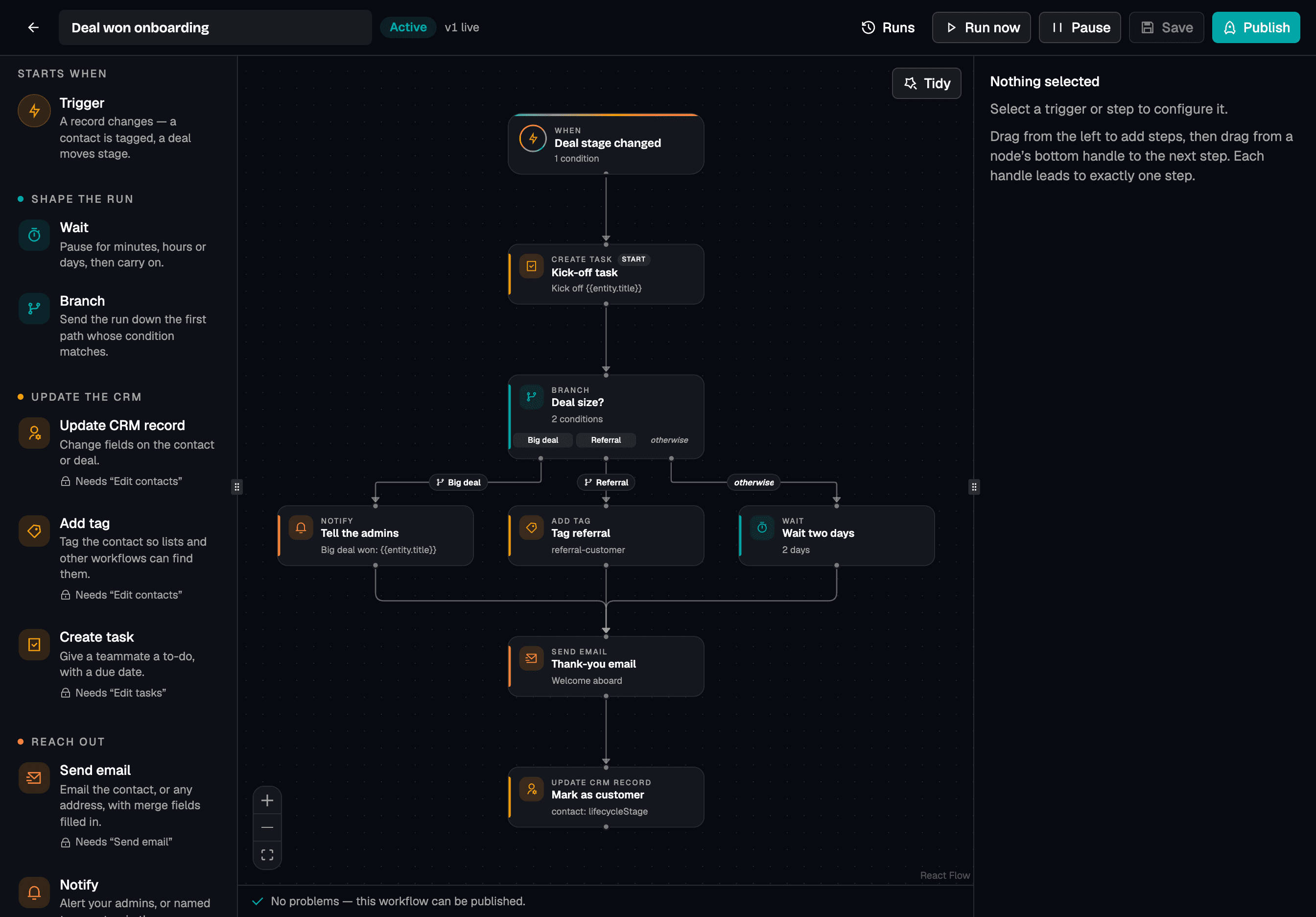 The Workflows editor: the step palette grouped by what each step does, and a deal-won workflow on the canvas that branches on deal size.