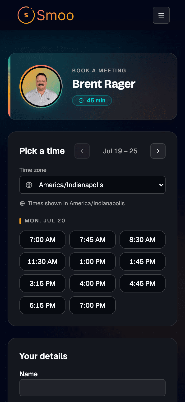 Public booking page — pick a day and time - Mobile